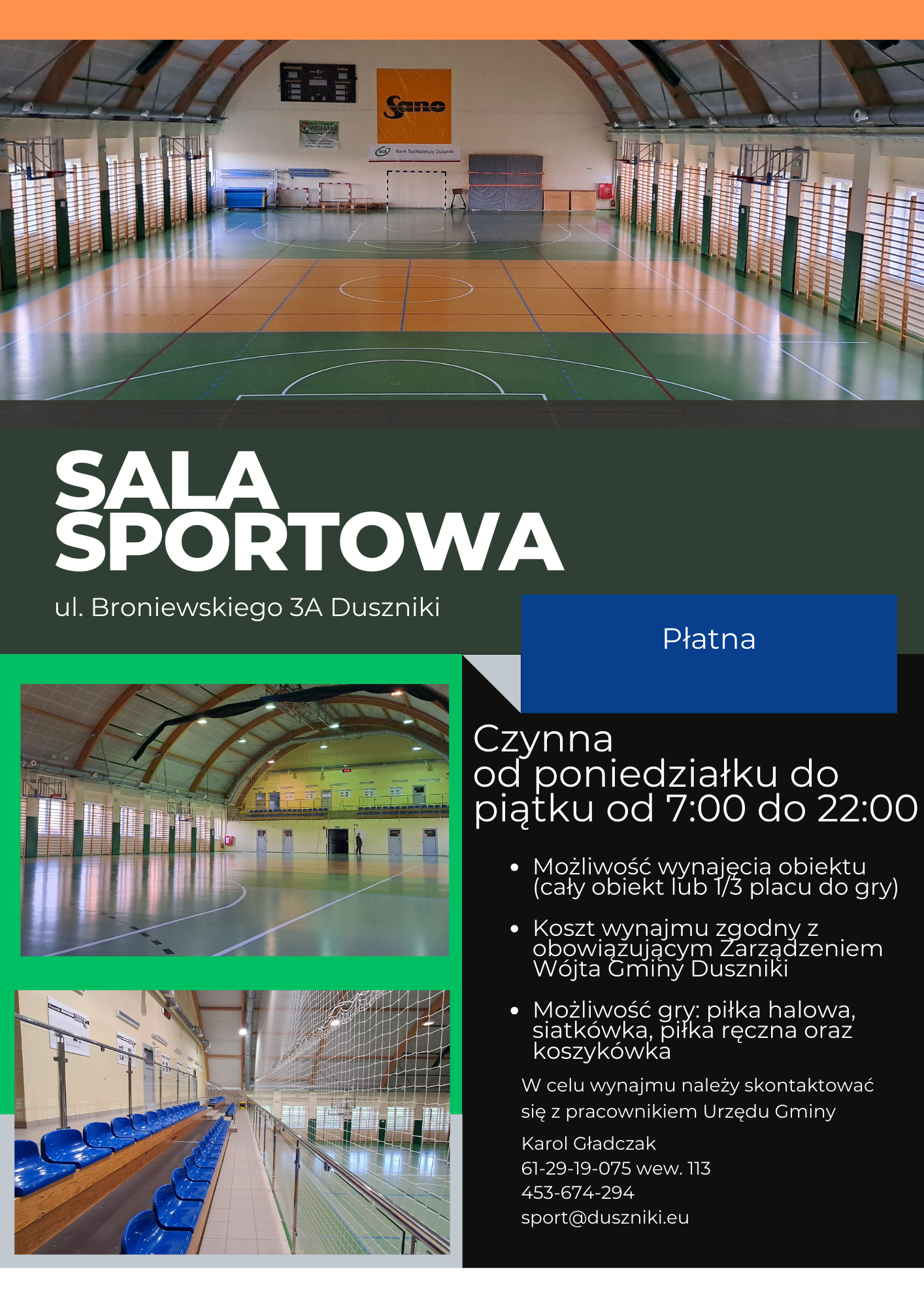 Grafika informacyjna sali sportowej w Dusznikach